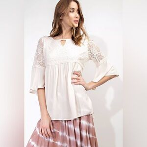 Easel BOHO Cream Lace Flounce Sleeves Top. NWT
